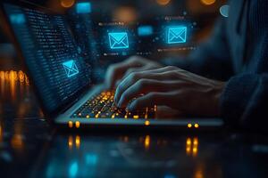 Email Communication Technology Hands Typing on Laptop Keyboard with Digital Icons photo