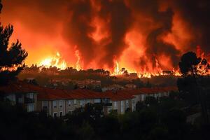 Intense Wildfire Scene Near Urban Area with Fiery Sky and Smoke photo