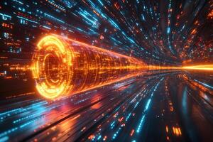 Futuristic Cyber Tunnel with Streaming Data and Digital Lights for Technology Backgrounds photo