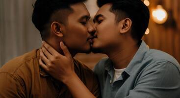 Romantic moment between two men in intimate setting with soft lighting photo