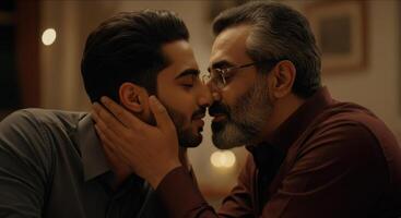 Tender moment between middle eastern men of different generations in intimate setting photo