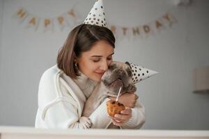 Happy, owner is, celebrating birthday of pet. In hat and with cake. Young woman is with her pug dog at home photo