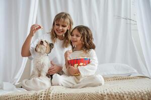 Feeding ,popcorn, do a dog. Mother with daughter are at home together photo