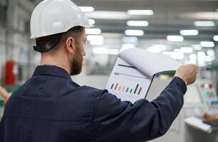 Turning the pages of documents,. Factory worker is indoors with hard hat photo