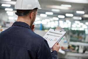 Back view, with notepad and graphs. Factory worker is indoors with hard hat photo