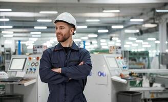 Smart employee.,. Factory worker is indoors with hard hat photo