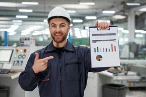 Plan, with ,graphs in hand. Factory worker is indoors with hard hat photo