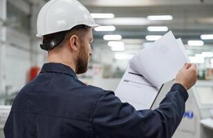 Turning, the pages of documents.. Factory worker is indoors with hard hat photo