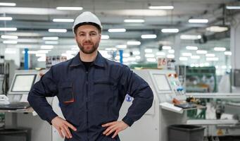 Front ,view. Factory ,worker is indoors with hard hat photo