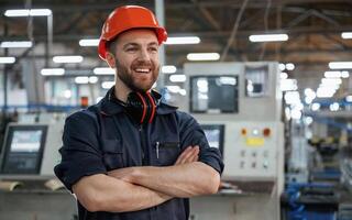 Front ,view. Factory,, worker is indoors with hard hat photo