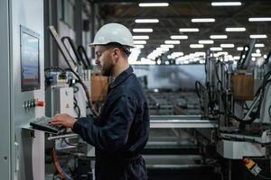 Adjusting ,settings ,,of machine, operating. Factory worker is indoors with hard hat photo