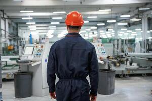 Rear, view, standing. Factory worker is indoors with hard hat photo