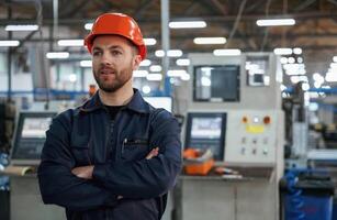Confident, facial ,expression. Factory worker is indoors with hard hat photo