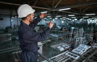 Quality control... Factory worker is indoors with hard hat photo