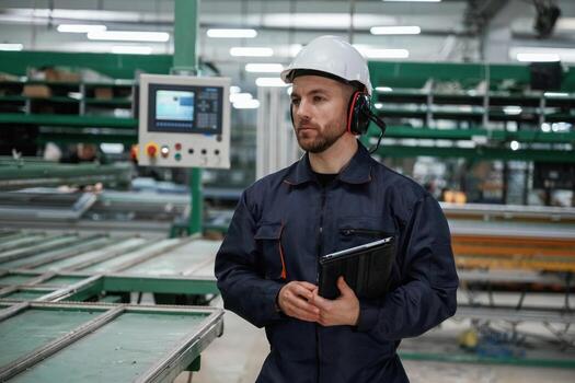 Machine behind, ,holding notepad. Factory worker is indoors with hard hat photo