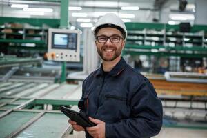 Machine behind,, holding notepad. Factory worker is indoors with hard hat photo