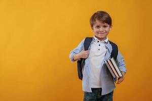 Ready, for, the school, holding books. Little boy is in the studio against yellow background photo