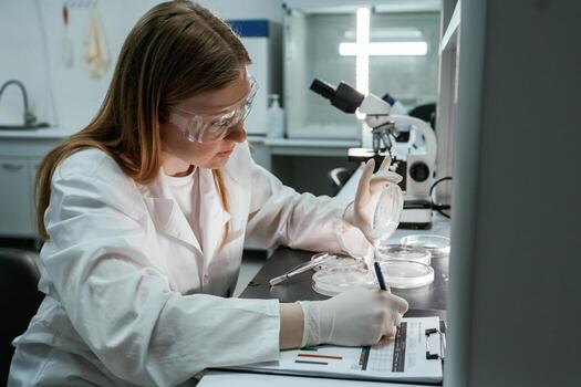 With microscope. Woman is working with Sclerotinia that is in the rounded containers in the laboratory photo