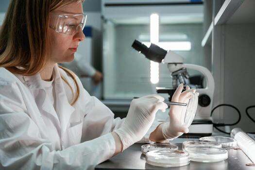 With microscope.. Woman is working with Sclerotinia that is in the rounded containers in the laboratory photo