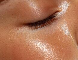Close up of a womans face with shiny skin photo