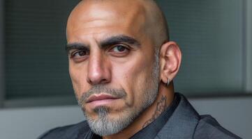 A confident man with a shaved head and graying beard looks directly at the camera photo