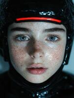 Close up of a person with freckles wearing a helmet photo