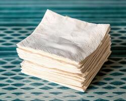 Stack of white paper napkins on a patterned surface photo