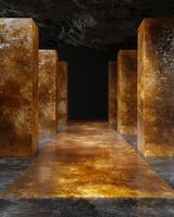 Abstract amber columns and pathway in a dark cave photo