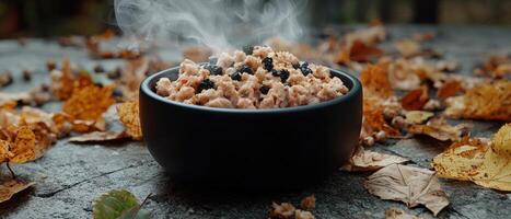 A bowl of hot cereal with dried fruit on a rustic table with fall leaves photo