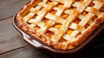 Homemade peach pie with lattice crust on a wooden table photo