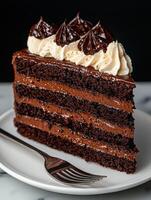 A slice of decadent chocolate layer cake with frosting and a fork on a plate photo