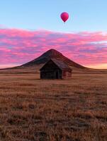 Rustic barn in a golden field with a mountain and hot air balloon at sunset photo