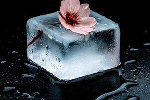Flower frozen in ice cube on a black background photo