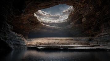 Sunlight streams into a cavern with a pool of water photo