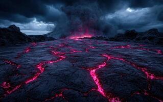 Volcanic eruption with lava flow under a stormy sky photo