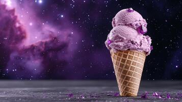 A cone of purple ice cream against a nebula background photo