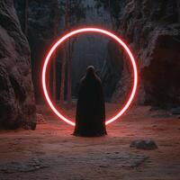 Mysterious figure in a cloak standing in front of a glowing portal in a dark forest photo