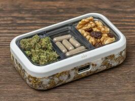 A container with cannabis, pills, and trail mix for healthy living photo