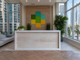 Modern lobby area with reception desk and city views photo