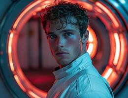 Intense portrait of a young man in futuristic setting photo