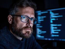 Focused programmer coding at night with computer screen photo