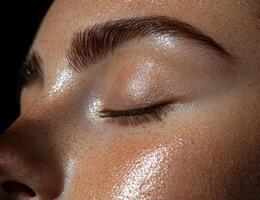 Close up of a womans face with dewy, glowing skin photo