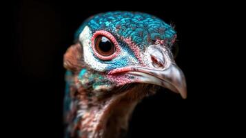 Striking portrait of a vibrant peacock with iridescent plumage photo