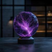 Glowing plasma ball with purple lightning on table photo