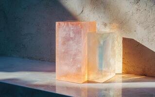 Illuminated translucent crystal blocks cast shadows on surface photo