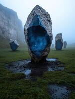 Mystical crystal monoliths stand in a foggy, green landscape photo