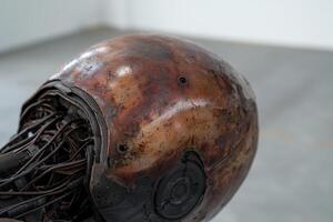 Rusty robot head with exposed wires in studio setting photo
