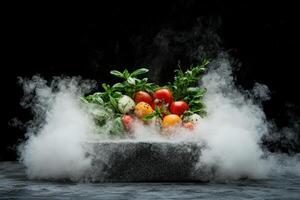 Fresh produce assortment with dry ice smoke effect photo