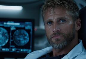 Pensive scientist with beard examines medical scan data photo
