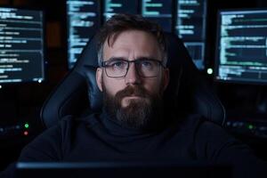 Focused programmer working at night with multiple monitors photo